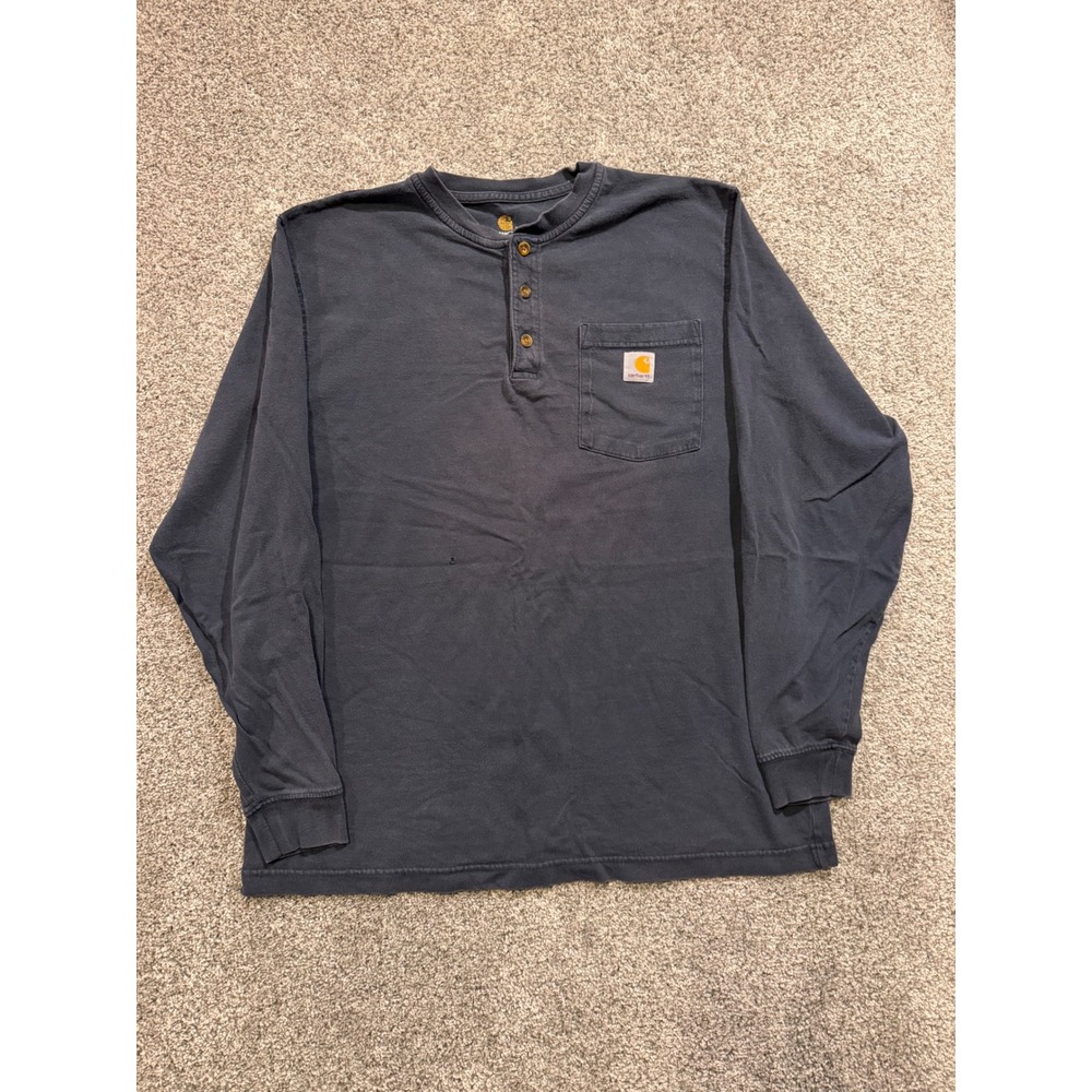 Carhartt Henley Shirt Mens M Navy K128 NVY Workwear Long Sleeve Pocket Cotton * - Picture 1 of 10